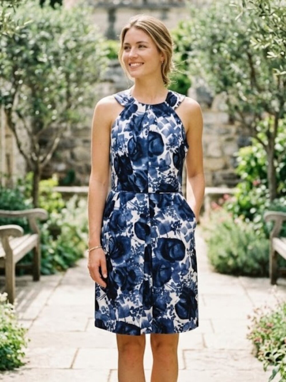 Milly of NY Floral Blue White Midi Dress Size 8 Designer Mod Shift Luxury Money
